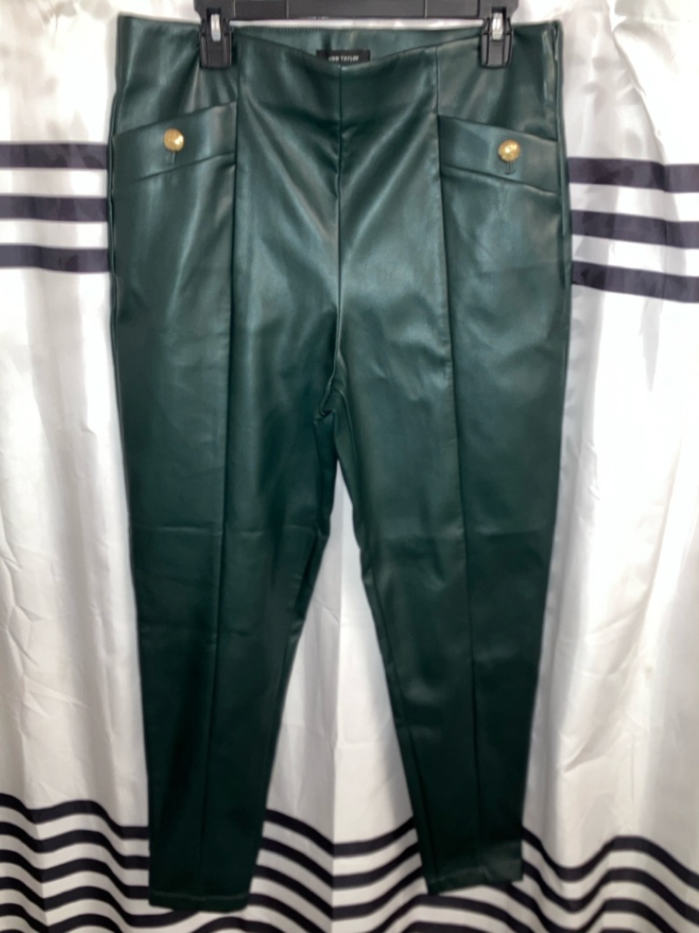 Ann Taylor Dark Green Faux Leather Women’s Pants with Gold Button Accents